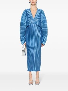 l'ide du cap off-the-shoulder puff-sleeve pleated column midi dress L'IDE Sirene Off-Shoulder Puff-Sleeve Pleated Midi Column Dress